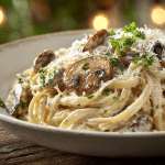 Creamy Garlic Mushroom Pasta in a white bowl with browned cremini mushrooms and parsley garnish