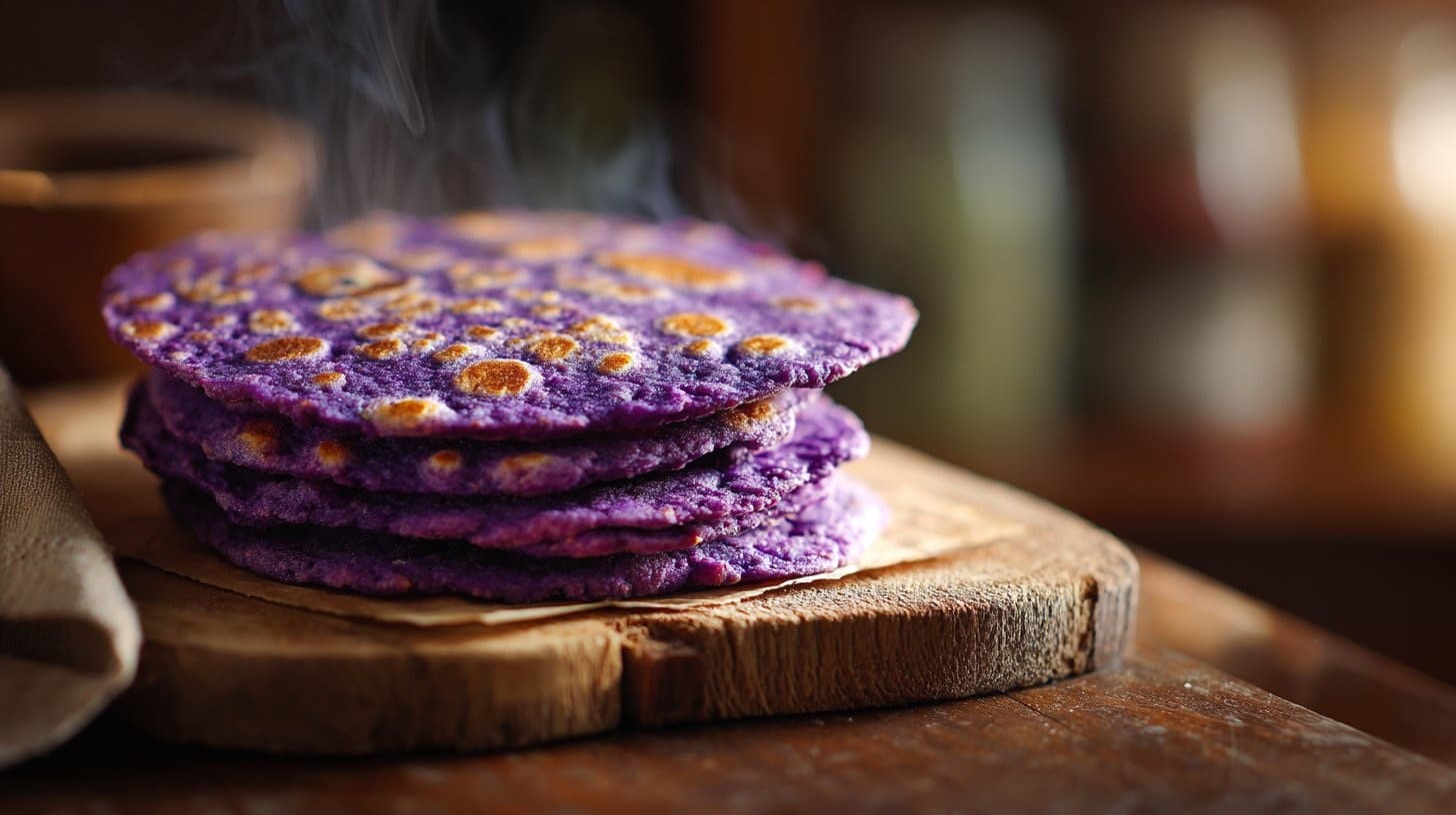 The Easiest Gluten-Free Purple Sweet Potato Roti (Vibrant, Egg-Free & Ready in 45 Minutes) 21 Stack of vibrant purple Gluten Free Purple Sweet Potato Roti on a wooden board.