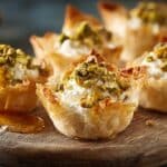 Golden Honey Pistachio Ricotta Phyllo Cups with pistachios and honey drizzle.
