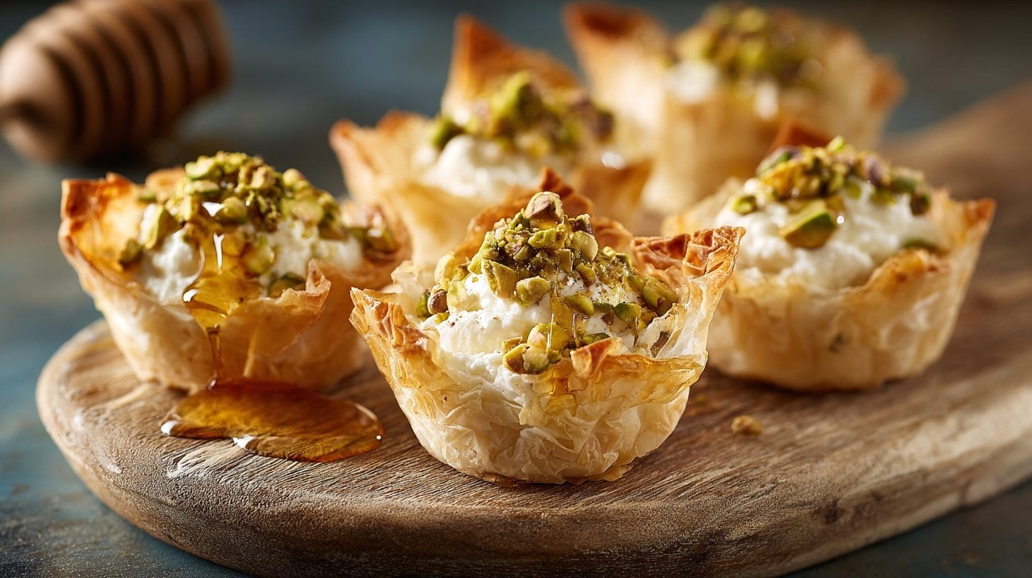 Easy Honey Pistachio Ricotta Phyllo Cups: A 33-Minute Mediterranean Appetizer 23 Golden Honey Pistachio Ricotta Phyllo Cups with pistachios and honey drizzle.