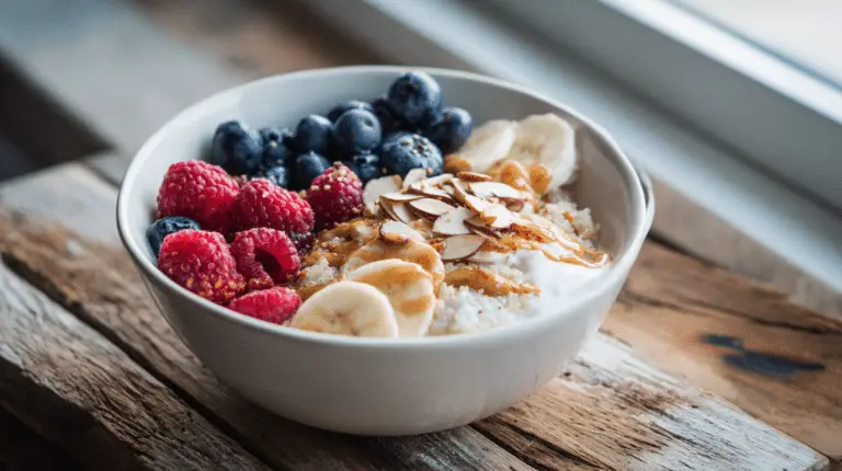Honey Quinoa Breakfast Bowl with berries and banana toppings.