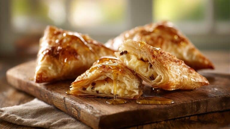 Crispy Honey Ricotta Filo Turnovers with melted chocolate on a board.