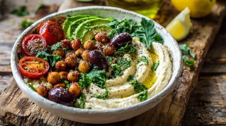 Mediterranean Quinoa Breakfast Bowl with hummus avocado chickpeas on wooden board
