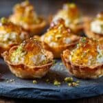 Mini Ricotta Hot Honey Phyllo Cups with pistachios and lemon zest on slate.