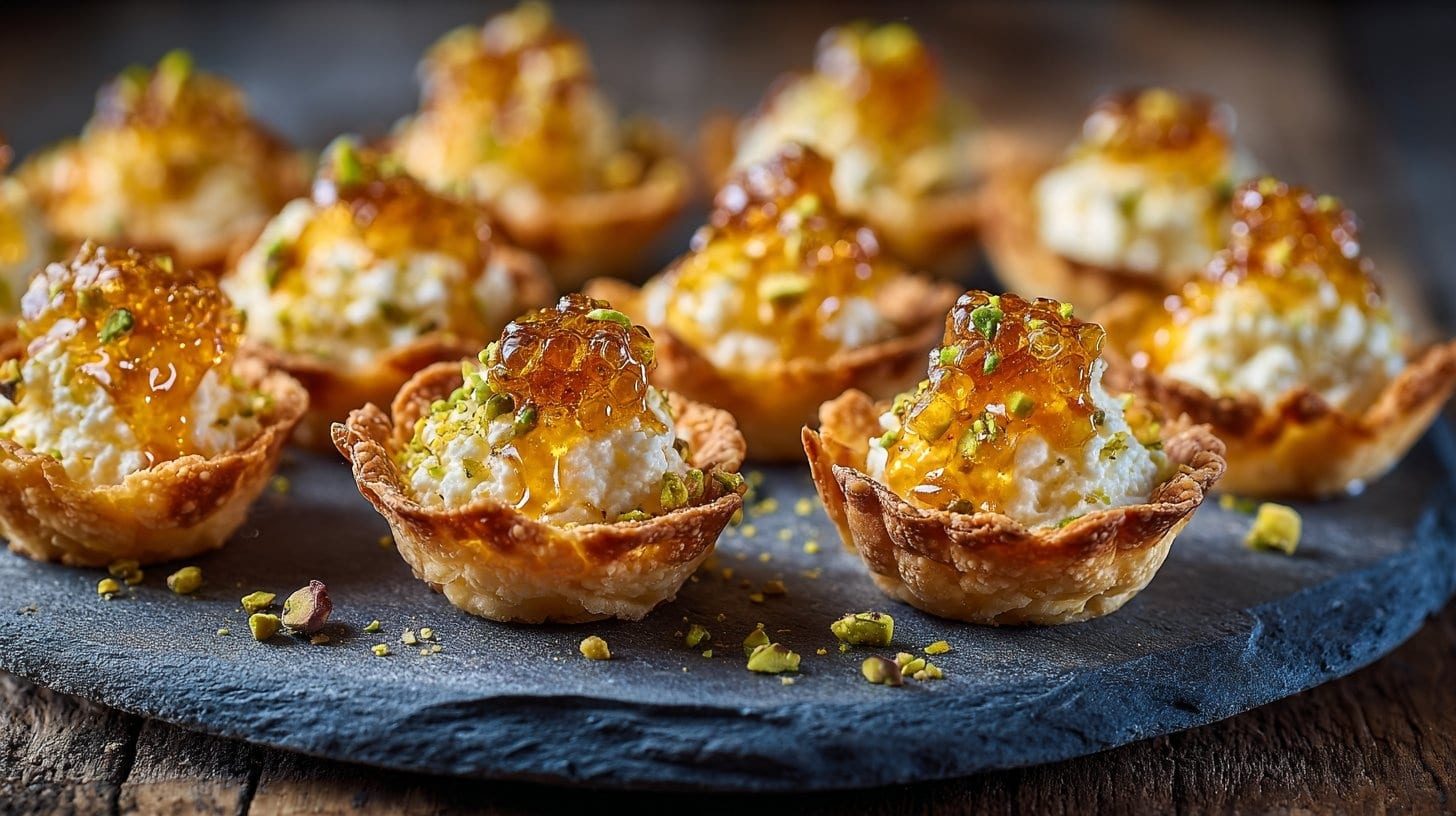 Crispy Mini Ricotta Cups with Hot Honey Drizzle (Ready in 20 Minutes!) 21 Mini Ricotta Hot Honey Phyllo Cups with pistachios and lemon zest on slate.