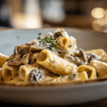 Creamy mushroom rigatoni pasta in a white bowl.