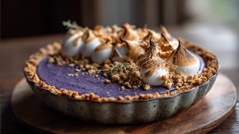 Whole Purple Sweet Potato Pie with marshmallow and granola toppings.