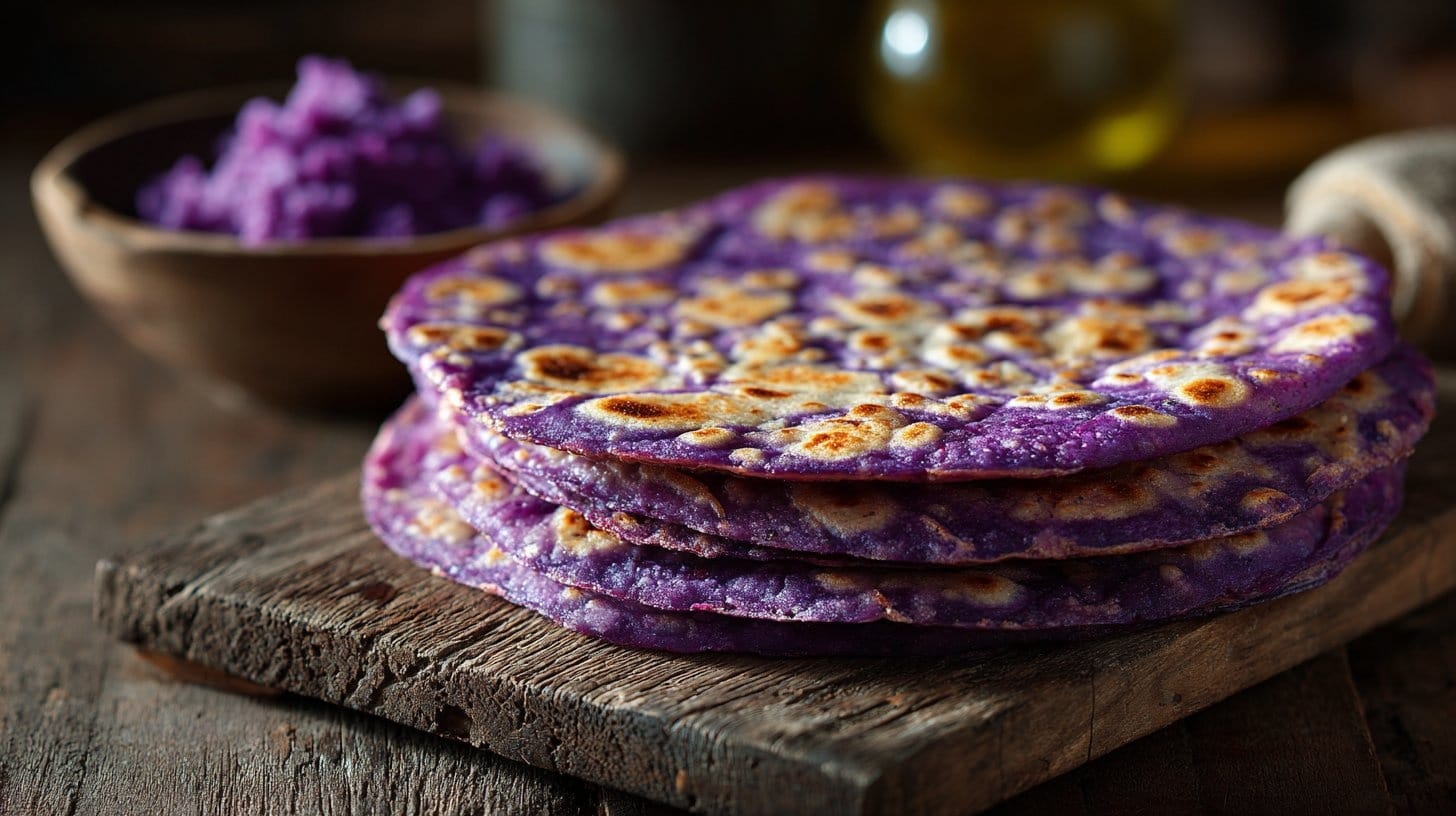 Purple Sweet Potato Roti: The Easiest Way to Make Colorful Flatbread 26 Purple Sweet Potato Roti stacked on wooden board with golden spots