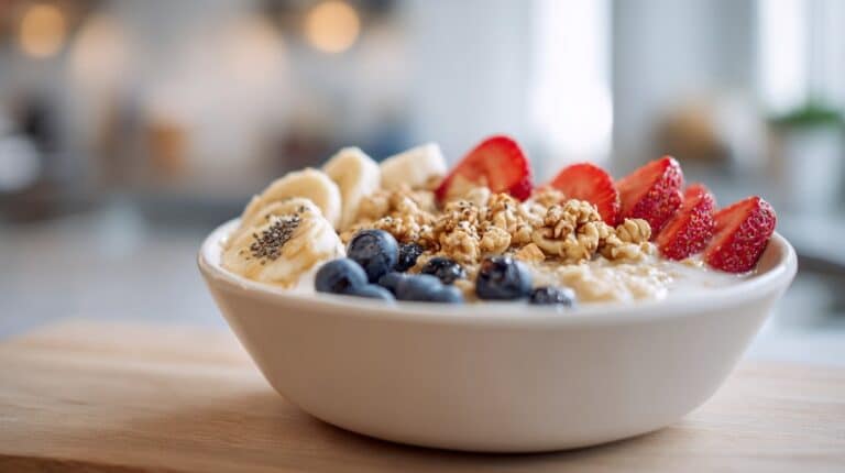 Quinoa Power Breakfast Bowls topped with berries, banana, and granola.
