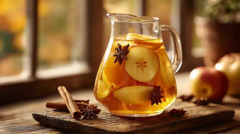 Amber sangria apple cider recipe in glass pitcher with fruit slices