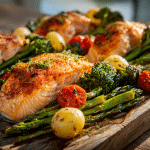 Sheet pan salmon and veggies with golden roasted edges on rustic board.