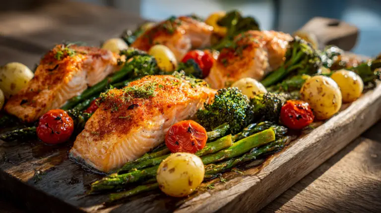 Sheet pan salmon and veggies with golden roasted edges on rustic board.
