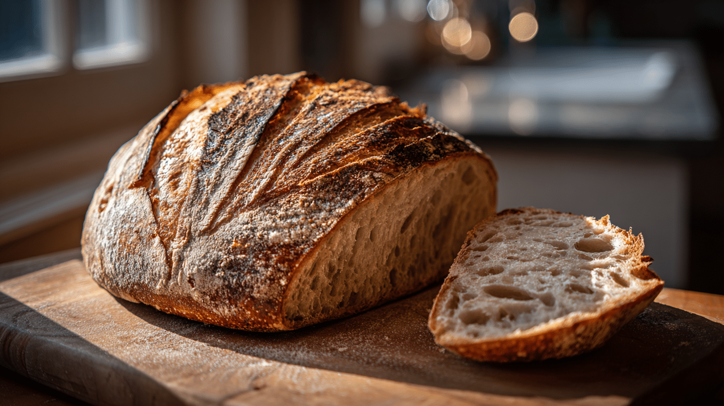 The Ultimate Beginner's Sourdough Bread Recipe: Easy & Flavorful 17 Rustic sourdough bread recipe with open crumb on wood.