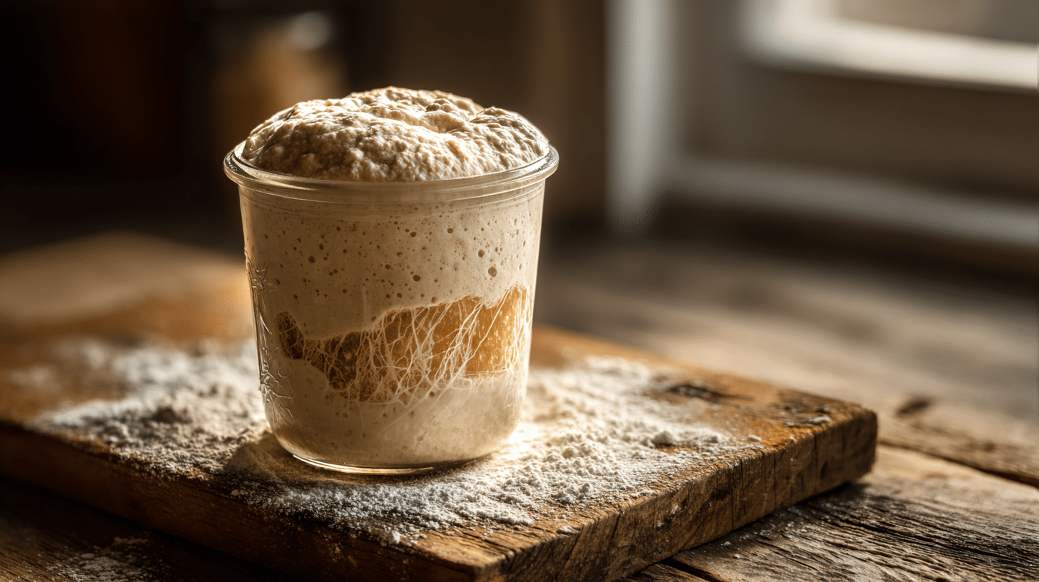 How to Make a Sourdough Starter from Scratch (A Beginner's Guide) 16 Active sourdough starter recipe bubbling in a glass jar.