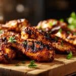 Southern grilled chicken wings with crispy golden skin on wooden board.