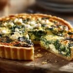Golden Spinach and Feta Quiche slice on rustic wooden board.