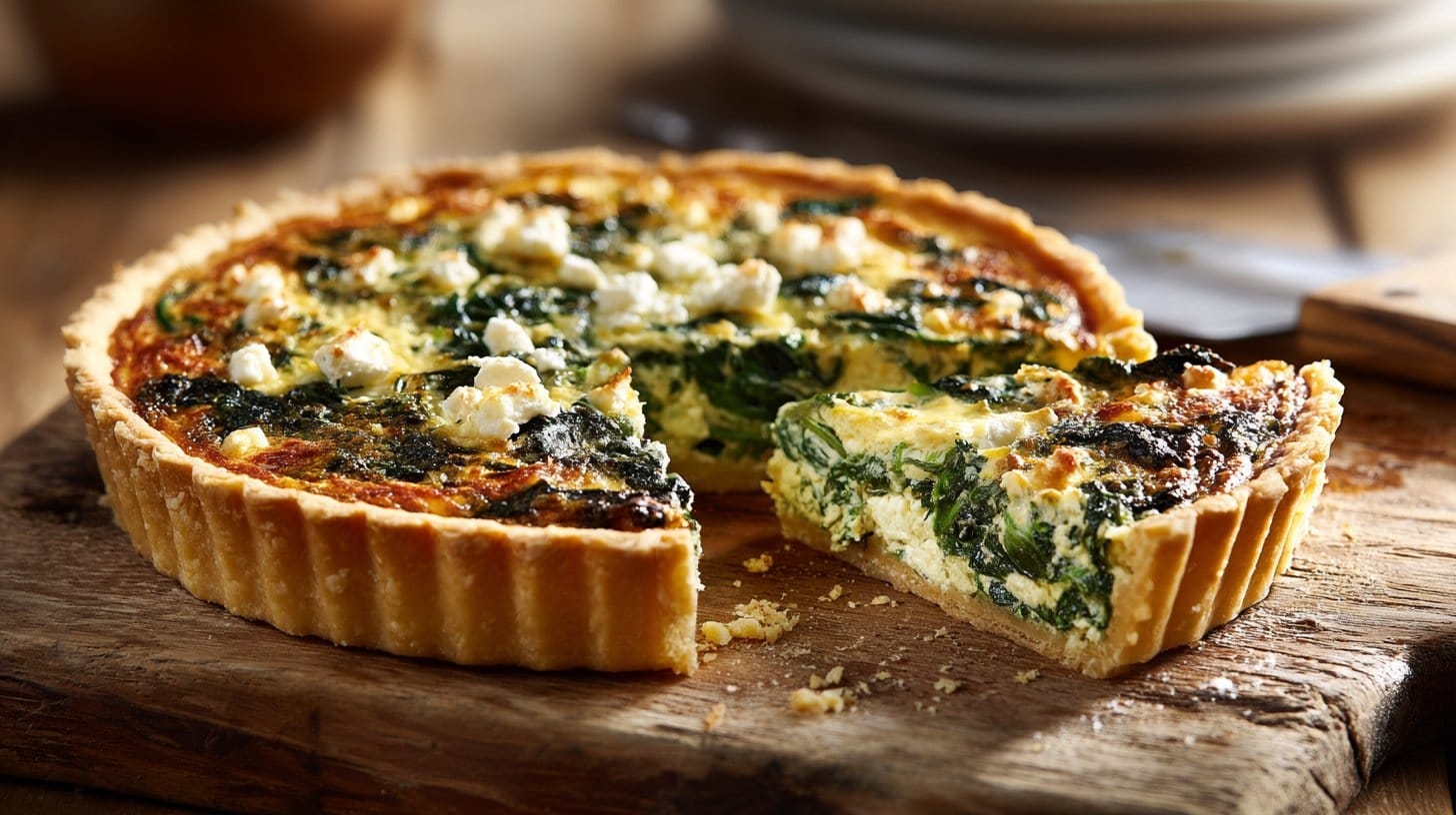 The Easiest 4-Step Spinach and Feta Quiche for Your Next Weekend Brunch 28 Golden Spinach and Feta Quiche slice on rustic wooden board.