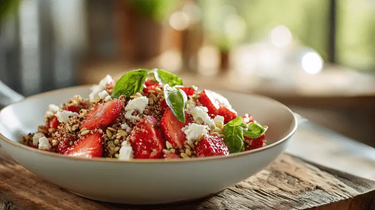 Strawberry Basil Quinoa Bowl with goat cheese and fresh basil on rustic board