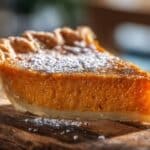 Sweet potato pie recipe slice with flaky crust and powdered sugar.