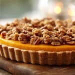 Sweet potato pie with pecans and golden crumble topping on wooden board.