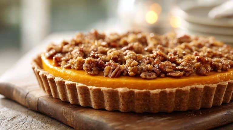 Sweet potato pie with pecans and golden crumble topping on wooden board.