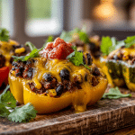 Golden taco stuffed peppers with melted cheese and fresh cilantro garnish.