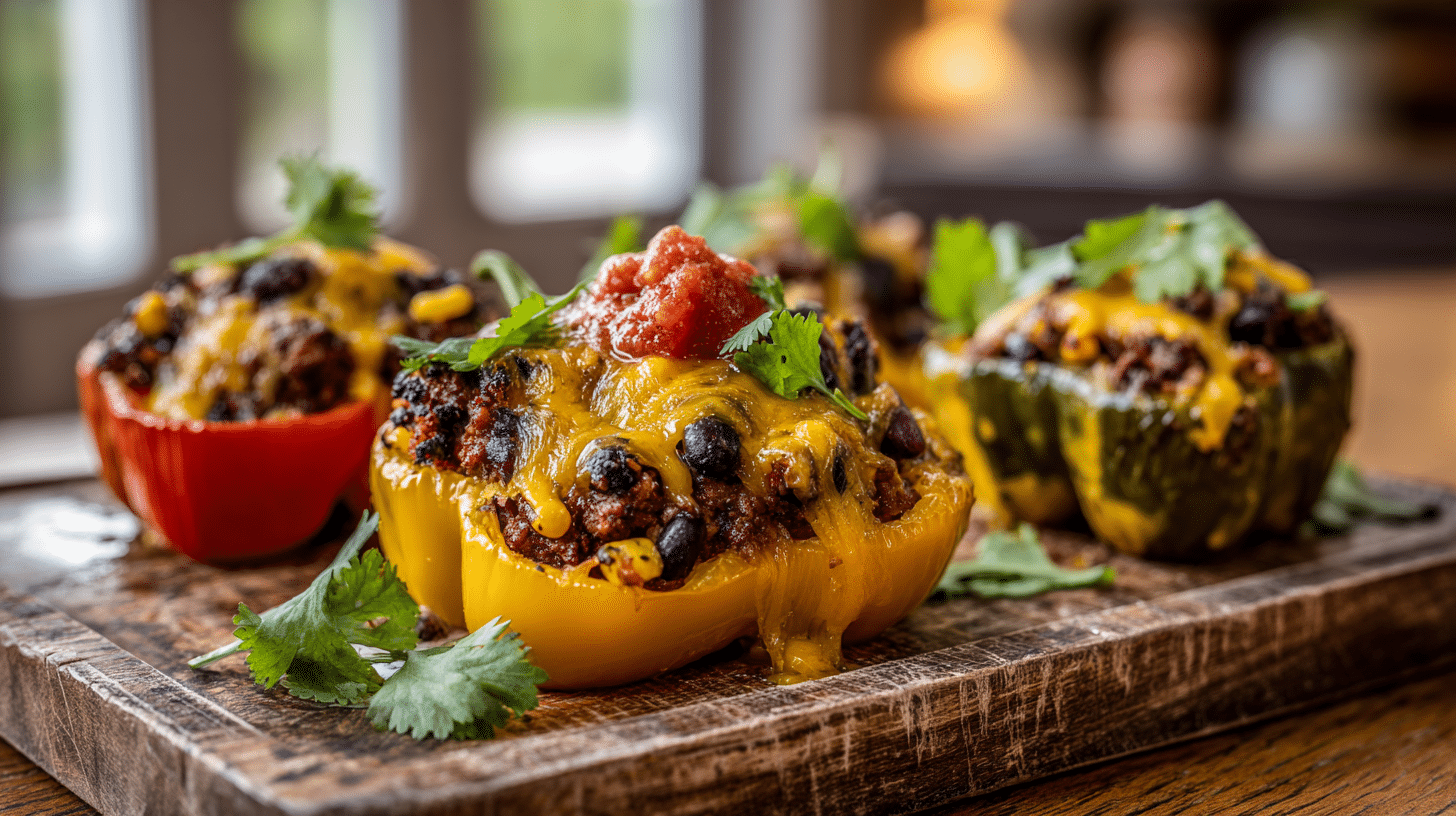 Taco Stuffed Peppers: 35-Minute Easy Weeknight Dinner 25 Golden taco stuffed peppers with melted cheese and fresh cilantro garnish.