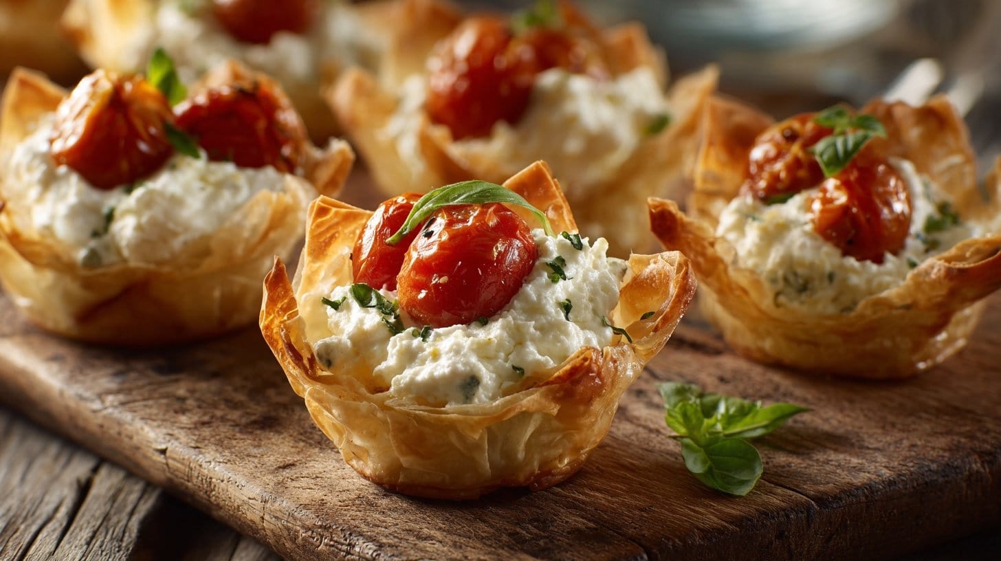 Crispy Tomato Ricotta Phyllo Cups with Pistachio Crunch (Ready in 25 Minutes) 32 Crispy Tomato Ricotta Phyllo Cups with cherry tomatoes on a wooden board.