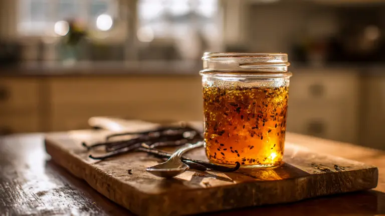 Homemade vanilla bean paste recipe in glass jar with black specks on wooden board.