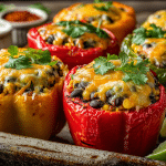 Vegetarian Mexican stuffed peppers filled with black beans and quinoa topped with melted cheddar cheese and fresh cilantro in a rustic baking dish