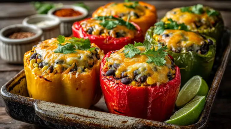 Vegetarian Mexican stuffed peppers filled with black beans and quinoa topped with melted cheddar cheese and fresh cilantro in a rustic baking dish