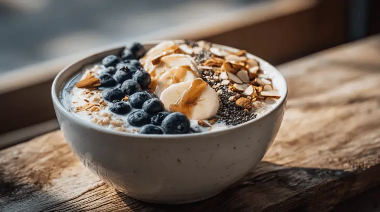 Warm Quinoa Breakfast Bowl with blueberries, bananas, and almonds.