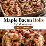 Bourbon maple bacon cinnamon rolls with soft dough, sticky caramel glaze, and cream cheese icing