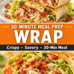 Chicken bacon ranch wrap sliced open showing crispy bacon, ranch chicken, melted cheese, and fresh lettuce inside a golden tortilla
