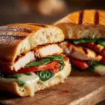 Grilled chicken ciabatta sandwich with juicy chicken, melted cheese, and fresh greens on toasted bread