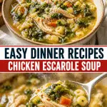 Chicken escarole soup with shredded chicken, greens, and pasta
