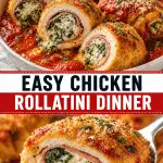Chicken rollatini sliced open with spinach, ham, and melted cheese in tomato sauce