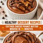 Cottage cheese peanut butter mousse with chocolate drizzle and creamy texture in a ramekin