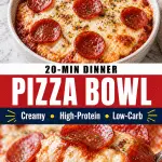 Cottage cheese pizza bowl with melted mozzarella and crispy pepperoni on top