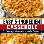 Creamy 5-ingredient chicken casserole with golden crispy cracker topping in a baking dish