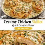 Creamy garlic parmesan chicken breast in a skillet with golden seared chicken and rich sauce