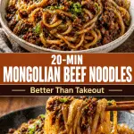 Glossy Mongolian ground beef noodles with rice noodles, crispy beef, and green onions in a bowl