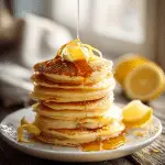 Stack of fluffy lemon ricotta pancakes topped with syrup and lemon zest