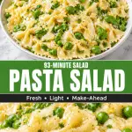 Pasta salad with peas, lemon dressing, basil, and parmesan in a white bowl