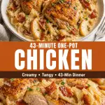 Creamy sauerkraut chicken with bacon, onion, and apple in a one-pot skillet