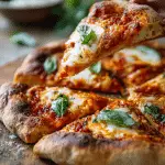 Golden sourdough discard pizza crust with airy interior and melted cheese on top