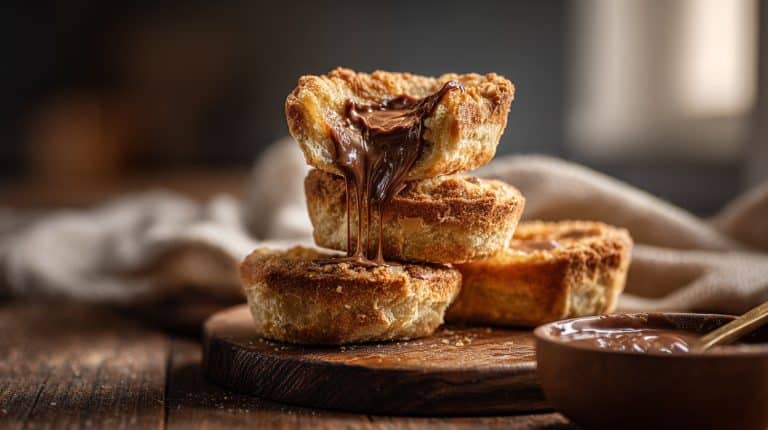 Golden brown Air Fryer Nutella Toast Pies with gooey centre on wood.