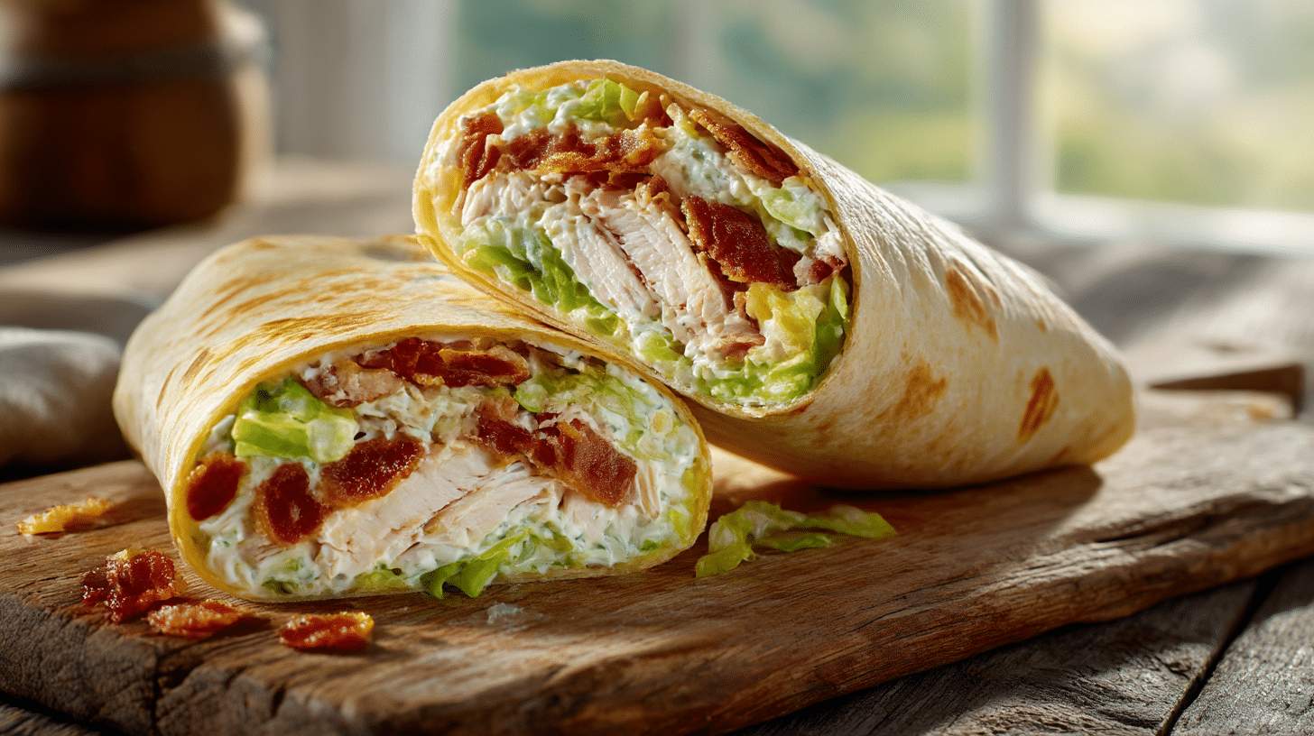 Butter Chicken Wrap Recipe: Quick & Easy Weeknight Dinner 23 Chicken Bacon Ranch Wrap sliced with crispy bacon and lettuce
