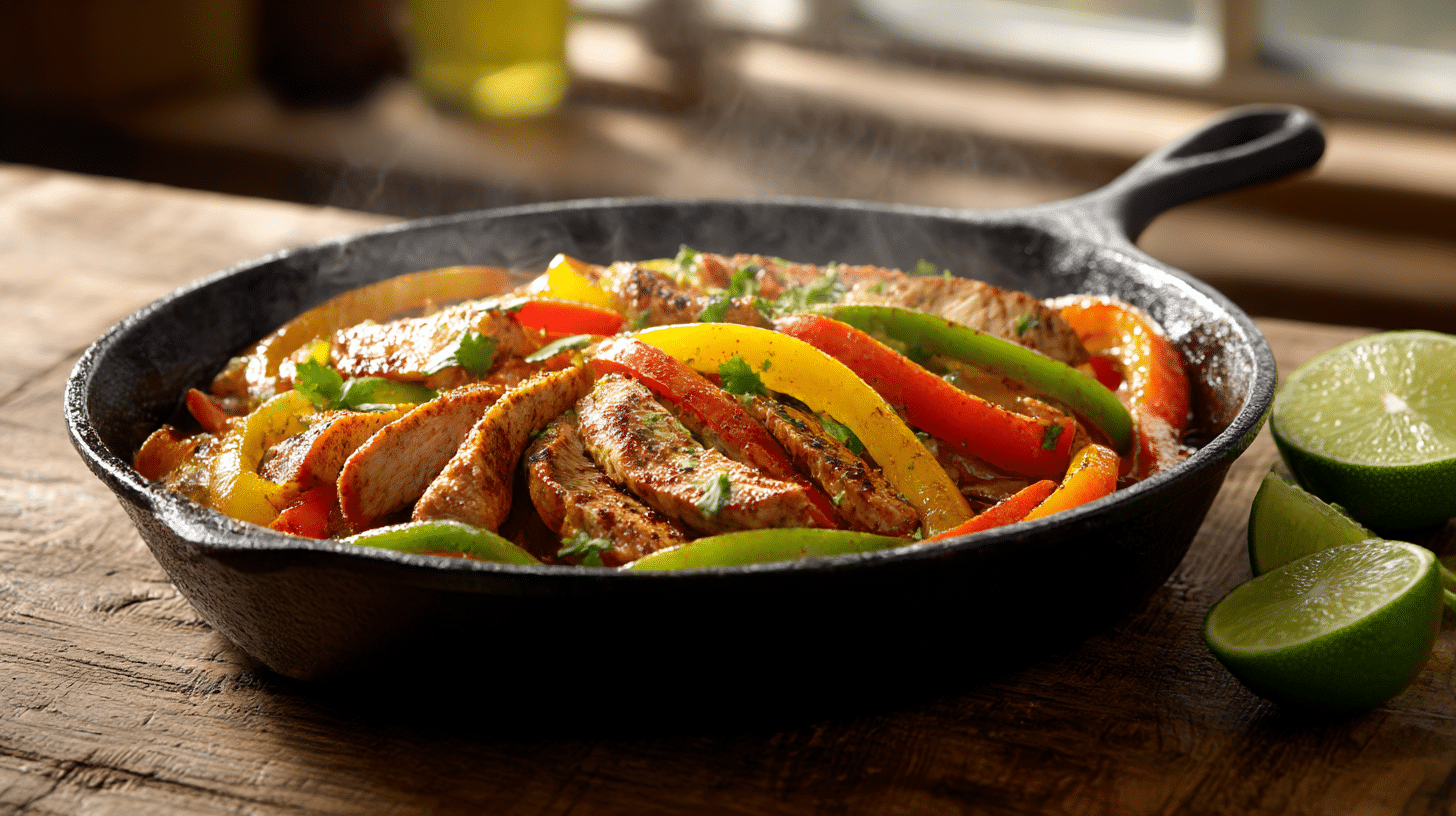 Easy Chicken Fajitas with a Flavorful Dry Rub (Ready in 35 Minutes) 29 Sizzling chicken fajitas in a skillet with bell peppers and onion.
