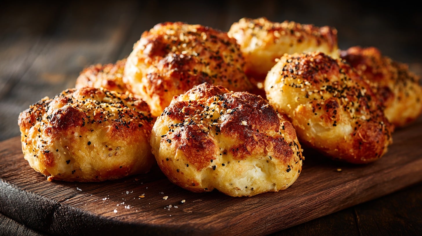 Golden Cottage Cheese Flagels with everything seasoning on a wooden board